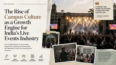 Editorial feature image showing a large college festival concert crowd with stage lights and live music, representing the rise of campus culture and India's live events industry.