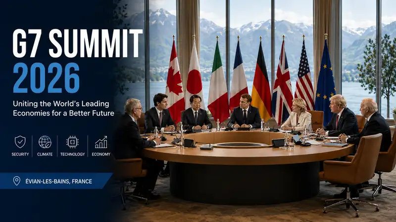 G7 Summit 2026 leaders meeting in Évian-les-Bains, France, discussing global economy, security, trade, AI, climate policy, and international cooperation.