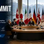 G7 Summit 2026 leaders meeting in Évian-les-Bains, France, discussing global economy, security, trade, AI, climate policy, and international cooperation.