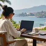 Young professional working remotely from a scenic coastal destination in India