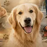 Golden retriever surrounded by people and working dogs, representing the human-dog bond, companionship, rescue, therapy, police work and the many ways dogs support people.