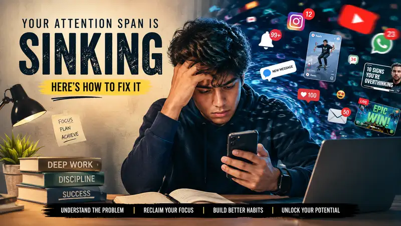Young person overwhelmed by smartphone notifications and digital distractions, illustrating shrinking attention spans, screen addiction, focus challenges, and the impact of technology on Gen Z productivity.