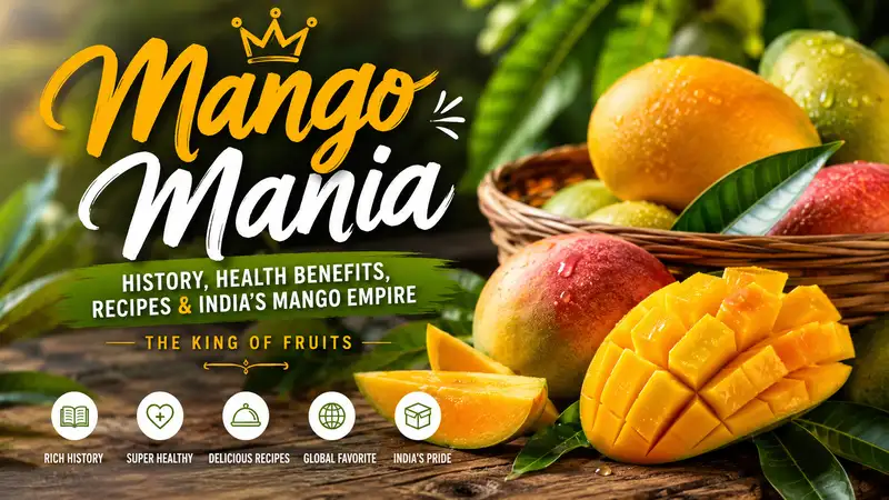 Mango Mania feature image with fresh Alphonso mangoes, sliced ripe mango fruit, tropical leaves, and summer food aesthetic representing the king of fruits, mango benefits, Indian mango varieties, and global mango recipes.