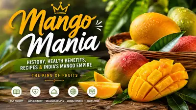 Mango Mania feature image with fresh Alphonso mangoes, sliced ripe mango fruit, tropical leaves, and summer food aesthetic representing the king of fruits, mango benefits, Indian mango varieties, and global mango recipes.