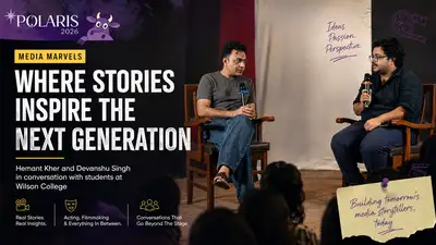 Magazine-style feature image for Wilson College’s Polaris 2026 Media Marvels event, featuring actor and acting coach Hemant Kher and National Award-winning filmmaker Devanshu Singh in conversation with students about acting, filmmaking, storytelling, Indian cinema and media careers during the Polaris 2026 pre-festival celebrations in Mumbai.
