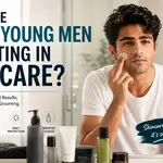 Young Indian man applying skincare while looking into a mirror, representing the growing trend of men's grooming and skincare.