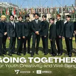 Members of K-pop group Seventeen pose with UNESCO at a youth creativity and well-being event, promoting mental health, education, and global youth empowerment.