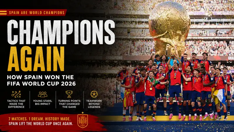 Spain FIFA World Cup 2026 champions celebrating with the World Cup trophy after defeating Argentina in the final, featuring Spain's players lifting the trophy in a packed stadium with confetti, representing tactical brilliance, teamwork and their historic second FIFA World Cup title.