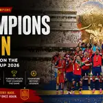 Spain FIFA World Cup 2026 champions celebrating with the World Cup trophy after defeating Argentina in the final, featuring Spain's players lifting the trophy in a packed stadium with confetti, representing tactical brilliance, teamwork and their historic second FIFA World Cup title.