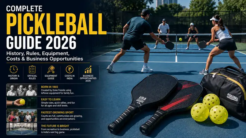 Magazine-style feature image for Complete Pickleball Guide 2026 featuring Indian pickleball player Vanshik Kapadia in action and portrait, highlighting the history, rules, equipment, costs, business opportunities, and growing popularity of pickleball in India.