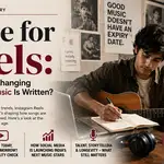 Feature image for article 'Made for Reels: Is Instagram Changing How Indian Music Is Written?' depicting an Indian singer-songwriter creating music beside an Instagram Reels interface, highlighting viral music trends, independent artists, digital music marketing, and the evolution of the Indian music industry.
