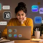 AI tools for college students in 2026, showing a university student using a laptop surrounded by artificial intelligence tools for studying, brainstorming, writing, organisation, design, note-taking and academic productivity.