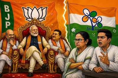 Illustration depicting political rivalry in West Bengal with BJP leaders seated confidently beneath the BJP flag and lotus symbol, while TMC leaders appear tense under the Trinamool Congress flag, symbolising shifting political power and election tensions in Bengal.