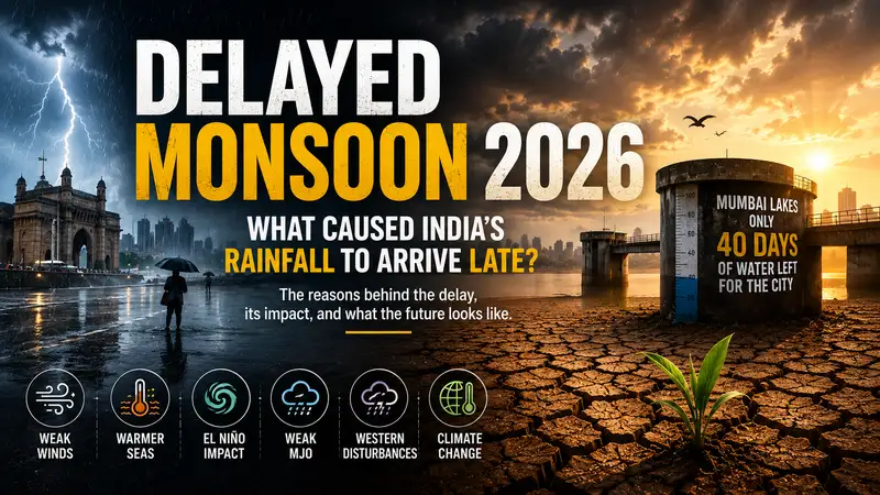 Delayed Monsoon 2026 in India illustrated with storm clouds, dry cracked land and a water reservoir, highlighting the causes, impacts and uncertainty surrounding India's late monsoon arrival.