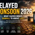 Delayed Monsoon 2026 in India illustrated with storm clouds, dry cracked land and a water reservoir, highlighting the causes, impacts and uncertainty surrounding India's late monsoon arrival.