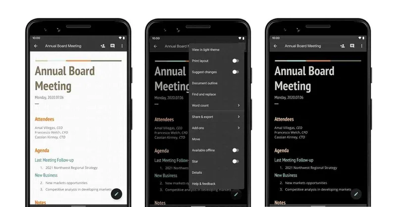 Dark mode, google doc, sheets