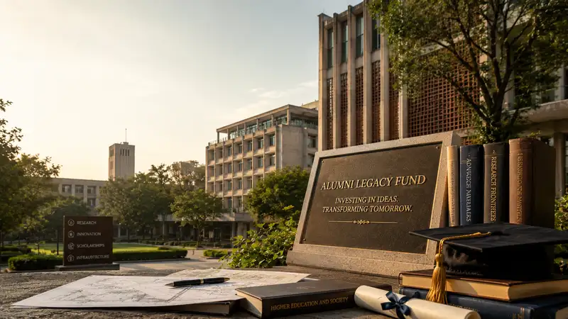 University campus symbolising alumni giving culture, philanthropy and donations that help build research, scholarships and better infrastructure.