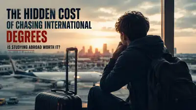 International student sitting alone at an airport looking at an airplane before studying abroad, symbolizing educational loans, homesickness, uncertainty, and the hidden cost of international degrees.