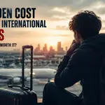 International student sitting alone at an airport looking at an airplane before studying abroad, symbolizing educational loans, homesickness, uncertainty, and the hidden cost of international degrees.