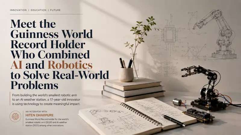 Editorial feature image for “Meet the Guinness World Record Holder Who Combined AI and Robotics to Solve Real-World Problems,” showing a robotic arm prototype, engineering sketches, notebooks, microelectronics, and a minimalist workspace representing AI, robotics, STEM innovation, and student technology projects.