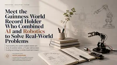Editorial feature image for “Meet the Guinness World Record Holder Who Combined AI and Robotics to Solve Real-World Problems,” showing a robotic arm prototype, engineering sketches, notebooks, microelectronics, and a minimalist workspace representing AI, robotics, STEM innovation, and student technology projects.