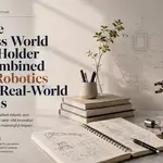 Editorial feature image for “Meet the Guinness World Record Holder Who Combined AI and Robotics to Solve Real-World Problems,” showing a robotic arm prototype, engineering sketches, notebooks, microelectronics, and a minimalist workspace representing AI, robotics, STEM innovation, and student technology projects.