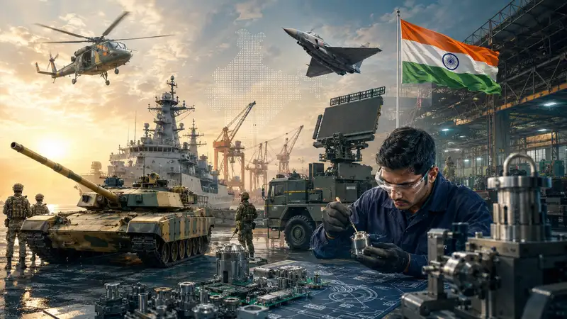 India’s defence manufacturing ecosystem with an engineer, military equipment, fighter aircraft, warships, tanks and radar systems representing the 405-item Positive Indigenisation List and Make in India defence production.