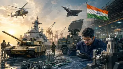 India’s defence manufacturing ecosystem with an engineer, military equipment, fighter aircraft, warships, tanks and radar systems representing the 405-item Positive Indigenisation List and Make in India defence production.