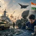 India’s defence manufacturing ecosystem with an engineer, military equipment, fighter aircraft, warships, tanks and radar systems representing the 405-item Positive Indigenisation List and Make in India defence production.