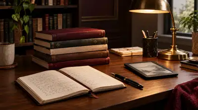 Books, an open manuscript notebook, fountain pen and e-reader on a warmly lit wooden desk, illustrating how to become a best-selling author in 2026.