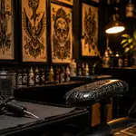 Professional tattoo studio interior with tattoo machine, ink bottles, tattoo artwork and workstation, representing modern tattoo art, tattooing in India, and the evolving tattoo industry.