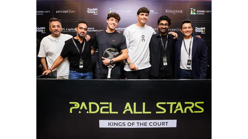 Arturo Coello and Tapia alongside PadelPark India fouders at the Press Conference and Exhibition Match for the first time in India.