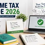 Income Tax Guide 2026 featuring tax documents, laptop, calculator, PAN and Aadhaar concepts, and step-by-step income tax return filing process for Indian taxpayers.