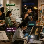 Five unconventional career paths featuring a food stylist, ESG consultant, ASMR audio artist, toyologist and art forgery forensic scientist working in their respective professional environments.