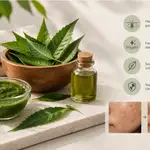an image of neem leaves, paste and oil with benefits of using it for the skin and the before and after difference of using neem products on skin.