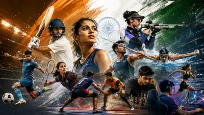 Indian sports beyond cricket featuring athletes from football, badminton, kabaddi, hockey, swimming, javelin, shooting, chess, athletics and esports, representing the growth of diverse sports and emerging sporting careers in India.