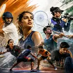 Indian sports beyond cricket featuring athletes from football, badminton, kabaddi, hockey, swimming, javelin, shooting, chess, athletics and esports, representing the growth of diverse sports and emerging sporting careers in India.