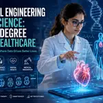 Futuristic Biomedical Engineering and Data Science feature image showing an AI-powered healthcare laboratory with a biomedical engineer analysing digital human anatomy, medical imaging, robotic surgery, holographic heart model, DNA strand and healthcare analytics dashboard. The editorial banner represents artificial intelligence in healthcare, biomedical engineering, precision medicine, wearable technology, medical robotics and data science careers.