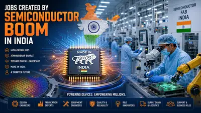 Jobs Created by India's Semiconductor Boom feature image showing a semiconductor fabrication plant with engineers in a cleanroom, a silicon microchip, wafer manufacturing, robotics, chip production, and India's growing semiconductor industry creating high-paying engineering and technology jobs under the Make in India initiative.
